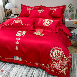 High-End Luxury Cotton Wedding Four-Piece Set Wedding Red Embroidered Quilt Cover Bed Sheet Pure Cotton Wedding Bedding Article