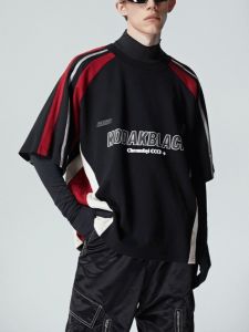 American High Street Retro Heavy Weight Black and Red Color Matching Racing Elements Summer Male and Female Trendy Brand Couple Motorcycle Short Sleeve T-shirt