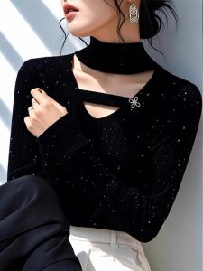 Shiny Black Womens Knitted Sweater Neck Hanging Spring New Arrival 2025 Fashionable Unique Commute Style Long Sleeve Cashmere