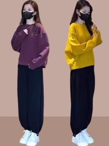 ชุดแฟชั่นฤดูใบไม้ร่วง ชุดสองชิ้น เอวสูง แขนยาว คอตั้ง ผ้าโพลีเอสเตอร์ ชุดทำงานสำหรับผู้หญิงไซส์ใหญ่