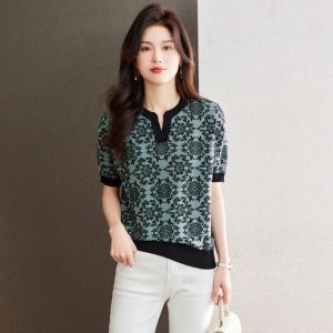 WANGGONGZHU | V-Neck Ice Silk Short Sleeve T-Shirt Womens Spring Summer New Style Lyocell Loose Slimming Fashion Top Princess Style