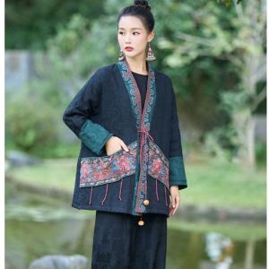 New Chinese Style Embroidered Cotton Jacket Mid-Length Casual Loose Coat Vintage Outerwear Commute Friendly Thickened Winter Coat