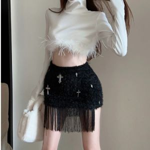 GUZILIAN | Chic High Collar Feather Trim Short Base Shirt Top Women High Waist Tassel Mini Skirt Set Korean Style Long Sleeve Autumn Fashion