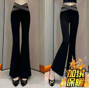 Early Autumn Heavy Duty Rhinestone High Waist Cross Waist Fashionable Womens Slimming Casual Micro Flare Pants Trendy