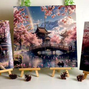 TENNESY Hiasan Dinding Ruang Tamu Pemandangan 1 Set Japanese Town Village 4 Panel Dekorasi Rumah