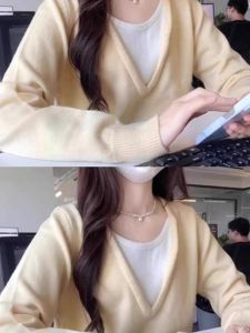 Yellow V-Neck Knitted Sweater Womens Spring Autumn Winter Outerwear Lazy Style Design Unique Inner Match Long Sleeve Top