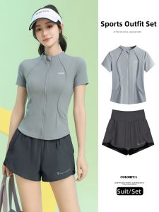 BAISILING | Womens Summer Sports Suit Zippered Jacket Shorts for Badminton Mobile Phone Pocket