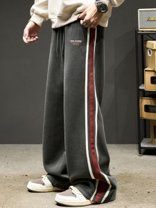 กางเกงขายาวทรงตรงผ้าลายทางสไตล์อเมริกันสำหรับผู้ชาย กางเกงขายาวทรงหลวมสบายๆ ปักลาย ฤดูใบไม้ร่วง/ฤดูหนาว กางเกงขายาวลำลอง