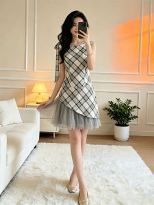 SUYE | Plaid Mesh Panel Elegant Slim Fit Bow Dress