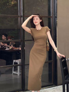 Korean Style Slim Fit Short Sleeve T-Shirt Wrap around Skirt Dress Pure Color Step in Womens Summer Fashion Casual High Waist