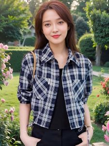 เสื้อเชิ้ตผู้หญิงทรงหลวมเอวสูงแขนยาวลายสก็อตสั้น แจ็คเก็ตฤดูใบไม้ผลิและฤดูใบไม้ร่วง แฟชั่นลดอายุ เสื้อผ้าทำงานสไตล์เกาหลี