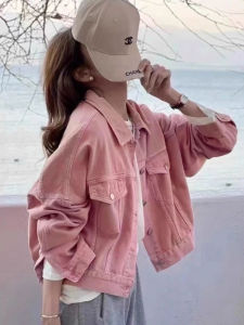 Womens Short Denim Jacket Washed Cotton Vintage Style Korean Loose Fit Autumn New Fashion Small Size Polo Collar Button up Coat