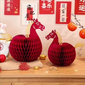 YESPERY ลูกบอลรังผึ้งราศีม้า3มิติเครื่องประดับตัวอักษร Fu สีแดงของตกแต่งปีใหม่จีน2026ตกแต่งโต๊ะ