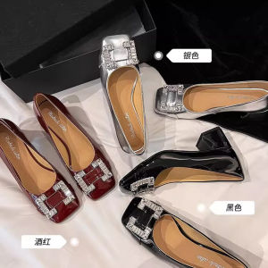 Elegant Mary Jane Ladys Shoes Pearl Buckle Top Layer Cow Painted Leather Cow Tendon Bottom Thick Heel Medium Heel Single Shoes