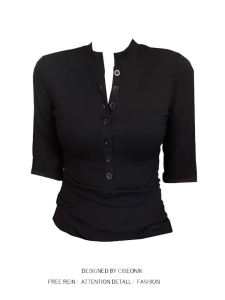 เสื้อยืดแขนสั้นคอวีสีดำไซส์ใหญ่สำหรับผู้หญิงในช่วงฤดูร้อน เสื้อผ้าทำงานสไตล์เกาหลีทรงสลิมฟิต ผ้าโพลีเอสเตอร์ 100%