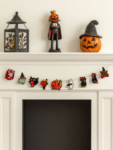 1pc Vintage Halloween Garland Banner Witch Black Cat Ghost & Pumpkin Carriage Shapes Hanging Decor for Home Party & Fireplace