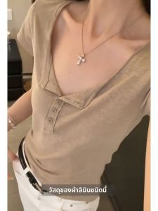 YUEZHONGWEI | เสื้อยืดแขนสั้นผ้าลินินสไตล์ย้อนยุคสไตล์อเมริกันสำหรับผู้หญิงในช่วงฤดูร้อน ทรงเข้ารูป ทรงเข้ารูป เสื้อตัวบนสั้น