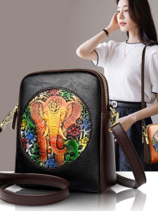 Womens Ethnic Style Soft Leather Double Layer Mobile Phone Bag Coin Purse Slant Cross Single Shoulder Bag Casual Versatile