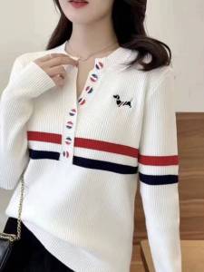 Slim Fit V-Neck Knitted Base Shirt Womens Spring Autumn 2025 New Style Long Sleeve Fashion Top Color Block Knitwear