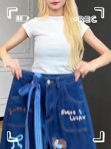 MZVZ | Quần Jeans Thêu Grid Nơ Trang Trí Phong Cách Thường Ngày