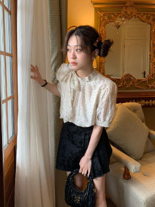 Elegant French Sweet Polka Dot Butterfly Knot Short Sleeve Womens Shirt Spring Summer New Style Chic Geometric Pattern Blouse
