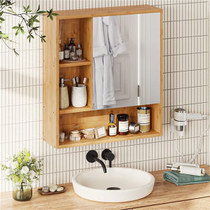 [SG SELLER] WISFOR Wall-Mounted Bamboo Medicine Cabinet with Mirror Single Door and Shelves Cupboard or Bedroom Restroom