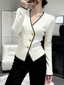 QINGNAER | Luxury Elegant V-neck Color-blocking Knitted Sweater Cardigan