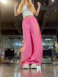 [Womens Star Letter Print Wide-Leg Pants]กางเกงวอร์มขากว้างเอวสูงจีบพิมพ์ลายดาวสำหรับผู้หญิงอเมริกันในช่วงฤดูร้อน