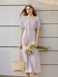 XIANGYING | U-Neck Waist-Tying Elegant Purple Summer Dress