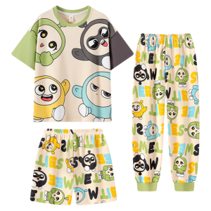 miiow | Pure Cotton Short Sleeve Childrens Sleepwear Set Cartoon Boy Home Clothes Three-Piece Suit For Boys Ages 4-13 Breathable Comfortable