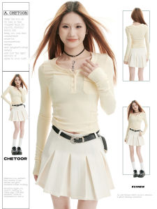 Yellow Long Sleeve Womens T-shirt Spring Autumn 2025 Slim Fit Short Polo Neck Base Shirt Exposing Clavicle Straight Cut Cotton Blend