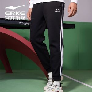 Erke Wu Jing Hong Mens Knitted Sport Pants Breathable Casual Black Leisure Sweatpants Soft Cotton Windproof Autumn Spring