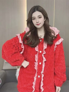 Red Zodiac Year Sleepwear Set Womens Autumn Winter Thickened Coral Fleece Medium Length Robe Home Clothes Can Be Worn outside