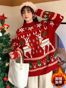 เสื้อสเวตเตอร์ถักสีแดงหนาสำหรับผู้หญิง เสื้อชั้นในผ้าขนแกะสำหรับฤดูใบไม้ร่วงและฤดูหนาว เสื้อคลุมกันหนาวแบบสวมหัวสำหรับเด็กและเยาวชน