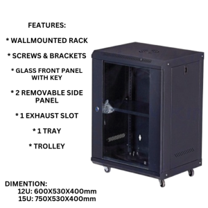 New 12U High-Quality Rackmount Data Cabinet with 400mm Depth and 600mm Height 530mm Width 1 Fixed Tray & 4 Trolley Wheels