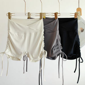 Womens Yoga Shorts Quick Dry Cross Waist Fleece Fitness Three-quarter Length Running Training Shorts Breathable Nylon