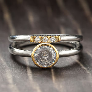 Huitan Vintage Women Two Tone Ring Inlaid Bright Round CZ Simple Style Party Daily Low-key Anti Silver Color Accessories Jewelry