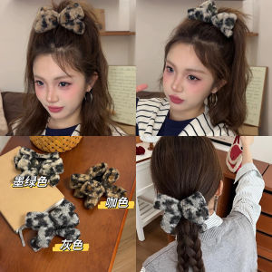 Leopard Print Knitting Bows Topknot Hair Clip Childrens Back Head High Ponytail Grip Wool Plate Hair Fixing Headdress