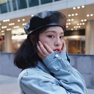 Retro Solid Color PU Leather Beret Hat for Women Casual Windproof Octagonal Caps Elegant Lady Artist Painter Flat Top Caps
