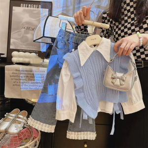 Áo Len Dệt Kim Màu Trơn Thời Trang Cho Bé Gái Bộ Ba Mảnh Áo Sơ Mi Và Quần Jeans Bộ Đồ Thu Xuân Cho Bé Gái