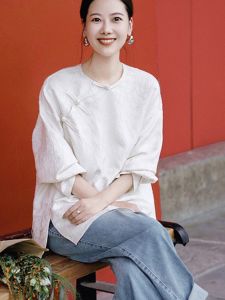 New Chinese Style White Embroidered Shirt Womens Spring Autumn Zen Improved Cheongsam Blouse Medium Length National Style Button up Top