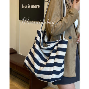 กระเป๋าผ้าลายทางแบบลำลองขนาดใหญ่ กระเป๋าถือผ้าใบ กระเป๋าสะพายไหล่ข้างเดียว ความจุขนาดใหญ่ กระเป๋าถือสำหรับช้อปปิ้ง กระเป๋า Tote Bag