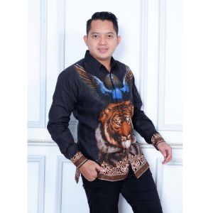 Baju batik pria dewasa lengan panjang pendek full furing batik wisanggeni solo motif burung hitam biru