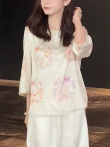 QINGNAER | Korean Style Elegant Chinese Embroidered Color-block Pull-over Three-quarter Sleeve Shirt