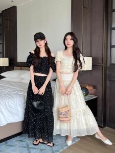 ฤดูร้อน Polka Dot Bubble Sleeve Short เสื้อท่อนบน Set High เอว Long เดรส ชุดสองชิ้นสไตล์วินเทจ โพลีเอสเตอร์ Fiber V Neck