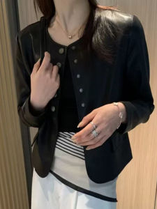 Áo Khoác Da Thời Trang Cổ Tròn Màu Trơn Cho Nữ Xuân 2025 Áo Ngắn Đa Năng Thường Ngày Giảm Tuổi Tác Cao Cấp Hợp Thời Trang