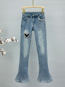 High Waist Bell Bottom Denim Jeans Womens Trendy Spring Autumn Heart Shaped Diamond Embellished Slim Fit Micro Flared Pants