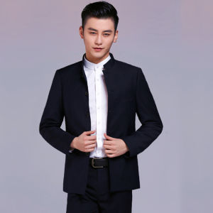 Youth Mens Tailored Suit Set Stand Collar Zhongshan Coat Autumn Winter Formal Wear Slim Fit Host Costume Traditional Chinese Style