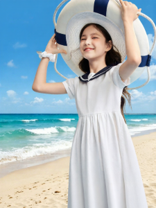 Annil | Đầm Tay Ngắn Cotton Cho Bé Gái Phong Cách Thể Thao Duyên Dáng Màu Hải Quân Rộng Rãi