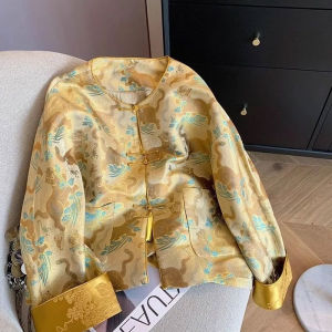 Retro Chinese Print Button up Jacket plus Size Women Elegant Tang Costume Anti-Aging Top Spring Autumn New Style
